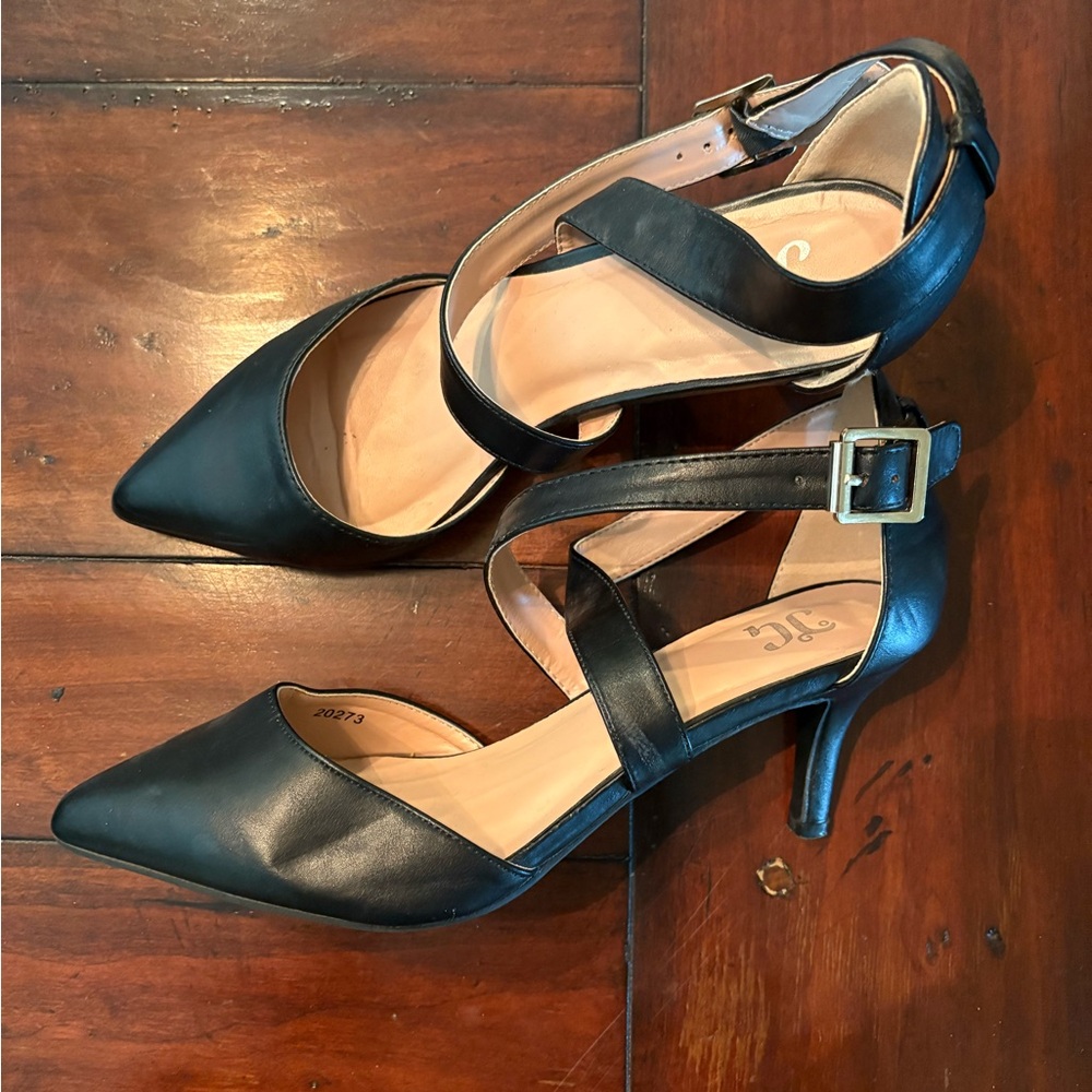 JG Black Pointed Toe Ankle Strap Heels